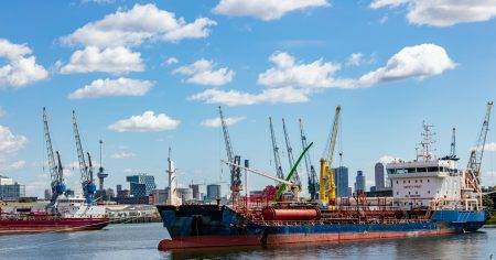 Harbor of Rotterdam, Netherlands. Logistics business, cargo loading unloading